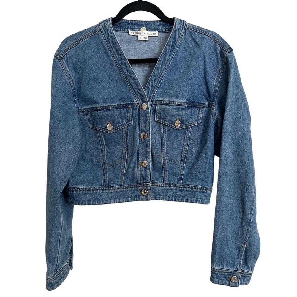 Veronica Beard Keaton Collarless Cropped Denim Jacket Medium Wash M